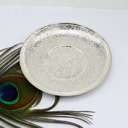 925 Sterling silver handmade tray with idols, ideal for puja prasadam and food serving, crafted by TRIBAL ORNAMENTS.