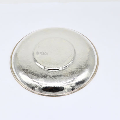 Handmade 925 Sterling silver tray with detailed idols and puja plates, ideal for prasadam and religious offerings, by TRIBAL ORNAMENTS.