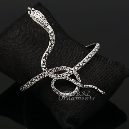 Unisex 925 sterling silver snake design bangle cuff bracelet with Cobra motif, handmade tribal jewelry.