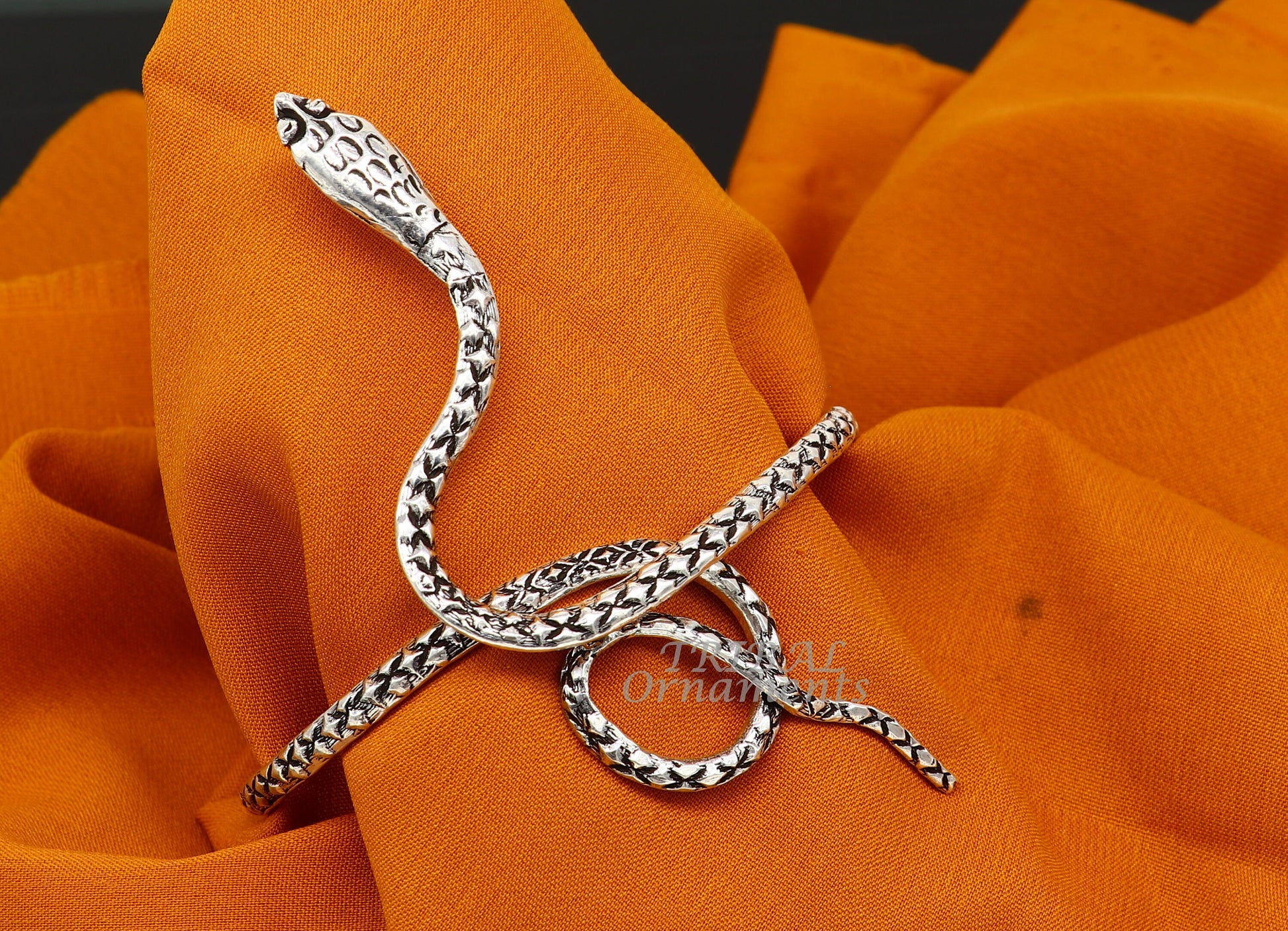 Sterling silver snake design bangle cuff bracelet with cobra motif, unisex jewelry by TRIBAL ORNAMENTS, handmade and solid.