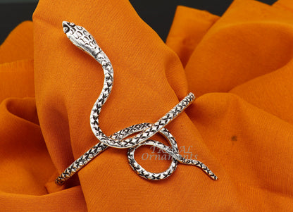 Sterling silver snake design bangle cuff bracelet with cobra motif, unisex jewelry by TRIBAL ORNAMENTS, handmade and solid.