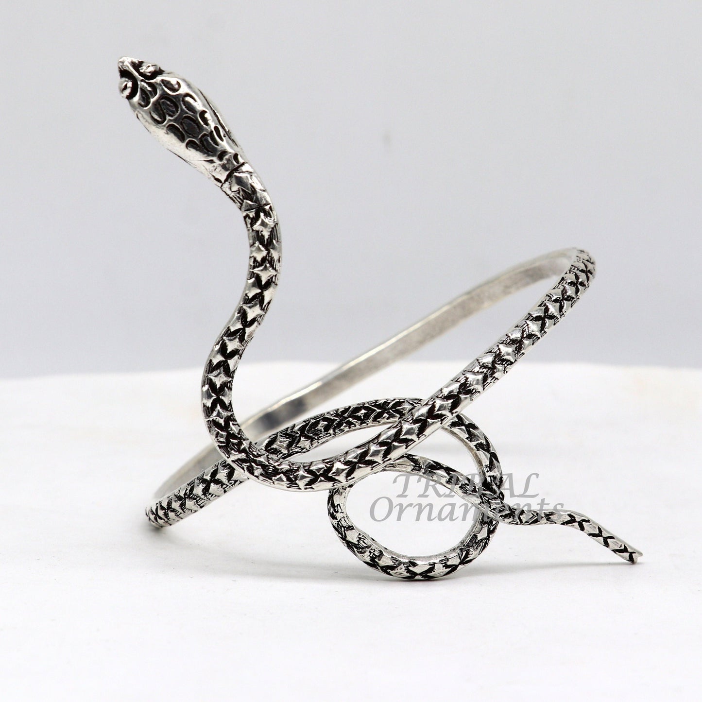 925 sterling silver snake design cuff bracelet with cobra motif, unisex jewelry bangle by TRIBAL ORNAMENTS.