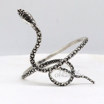 925 sterling silver snake design cuff bracelet with cobra motif, unisex jewelry bangle by TRIBAL ORNAMENTS.