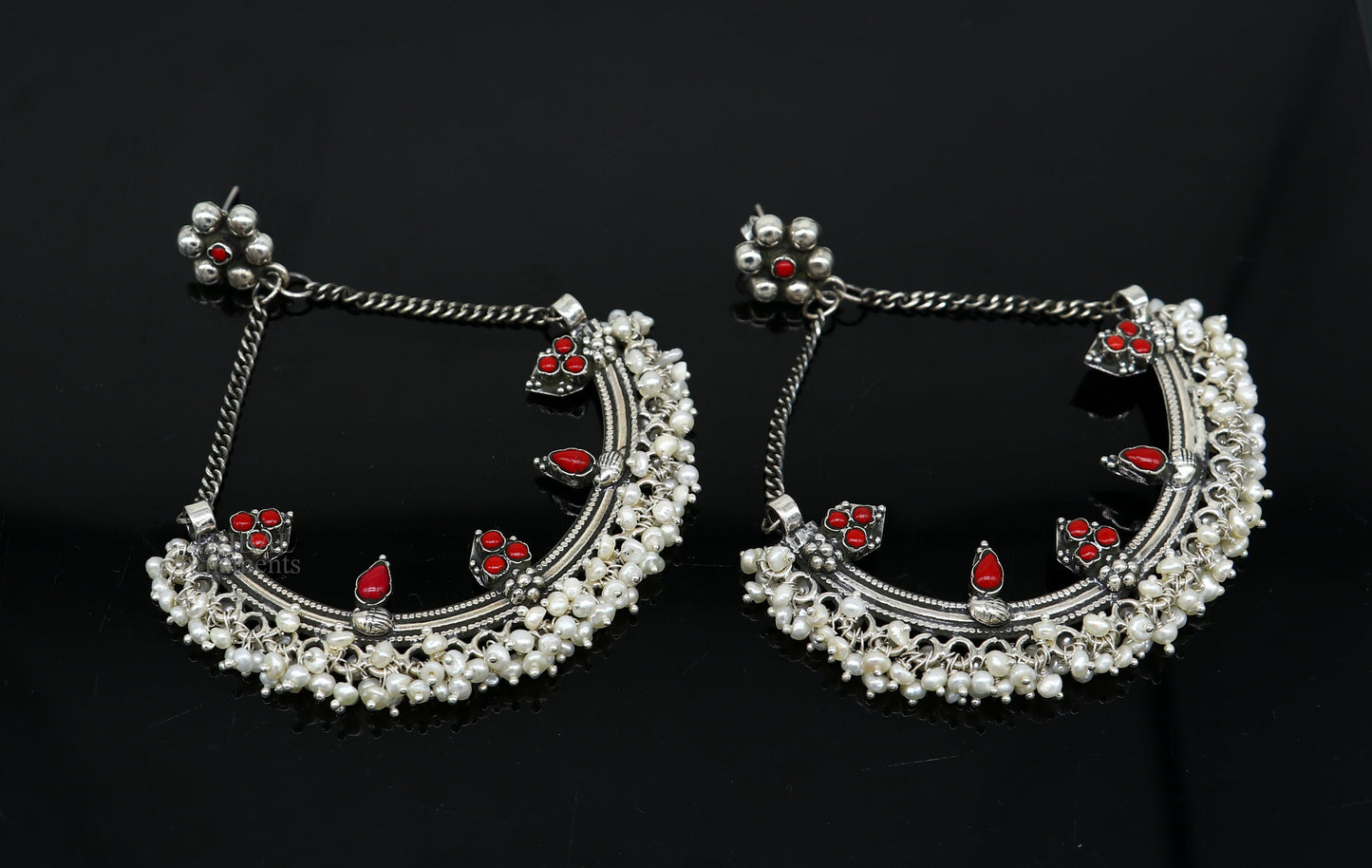 925 sterling silver handmade chandbala earring with tiny pearl and dangling design, perfect for bridesmaids and special occasions.
