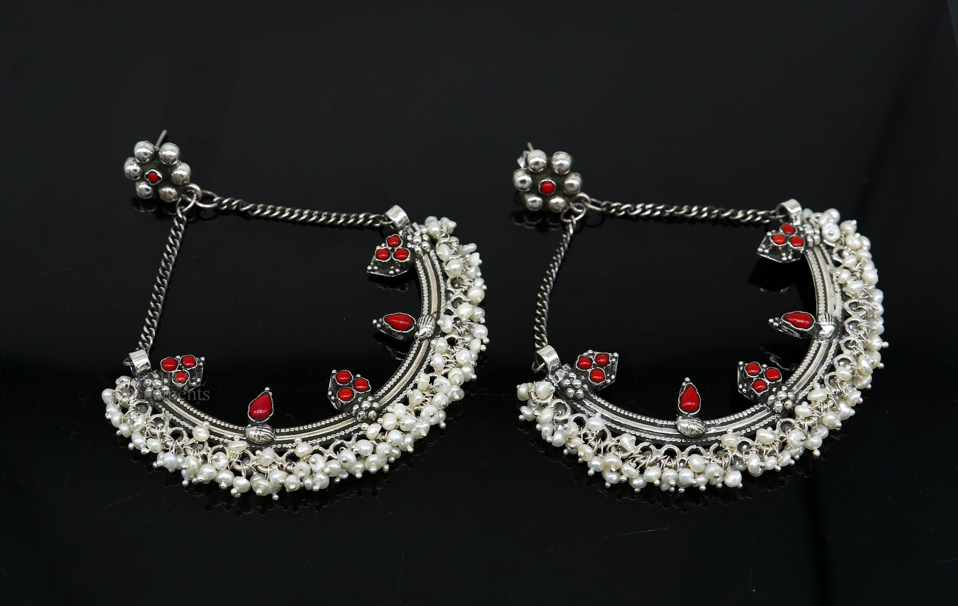 925 sterling silver handmade chandbala earring with tiny pearl and dangling design, perfect for bridesmaids and special occasions.