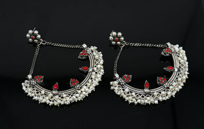925 sterling silver handmade chandbala earring with tiny pearl and dangling design, perfect for bridesmaids and special occasions.