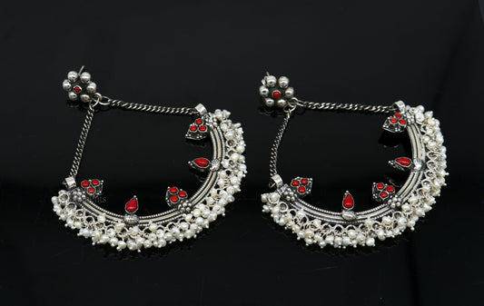 925 sterling silver handmade chandbala earring with tiny pearl and dangling design, perfect for bridesmaids and special occasions.