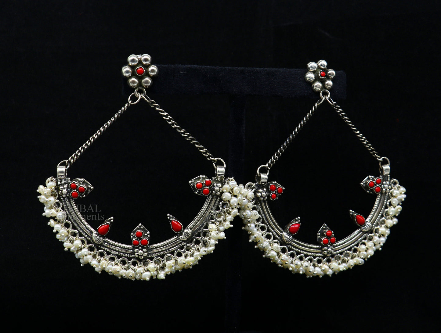 Sterling silver handmade chandbala stud earring with tiny pearl and dangling design, ideal for bridesmaids and traditional jewelry.
