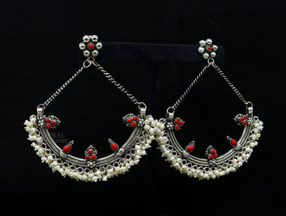 Sterling silver handmade chandbala stud earring with tiny pearl and dangling design, ideal for bridesmaids and traditional jewelry.