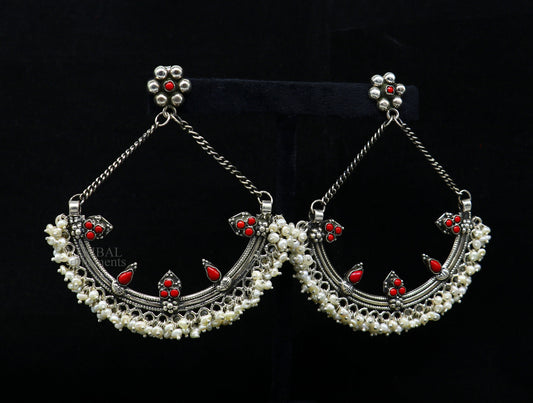 Sterling silver handmade chandbala stud earring with tiny pearl and dangling design, ideal for bridesmaids and traditional jewelry.