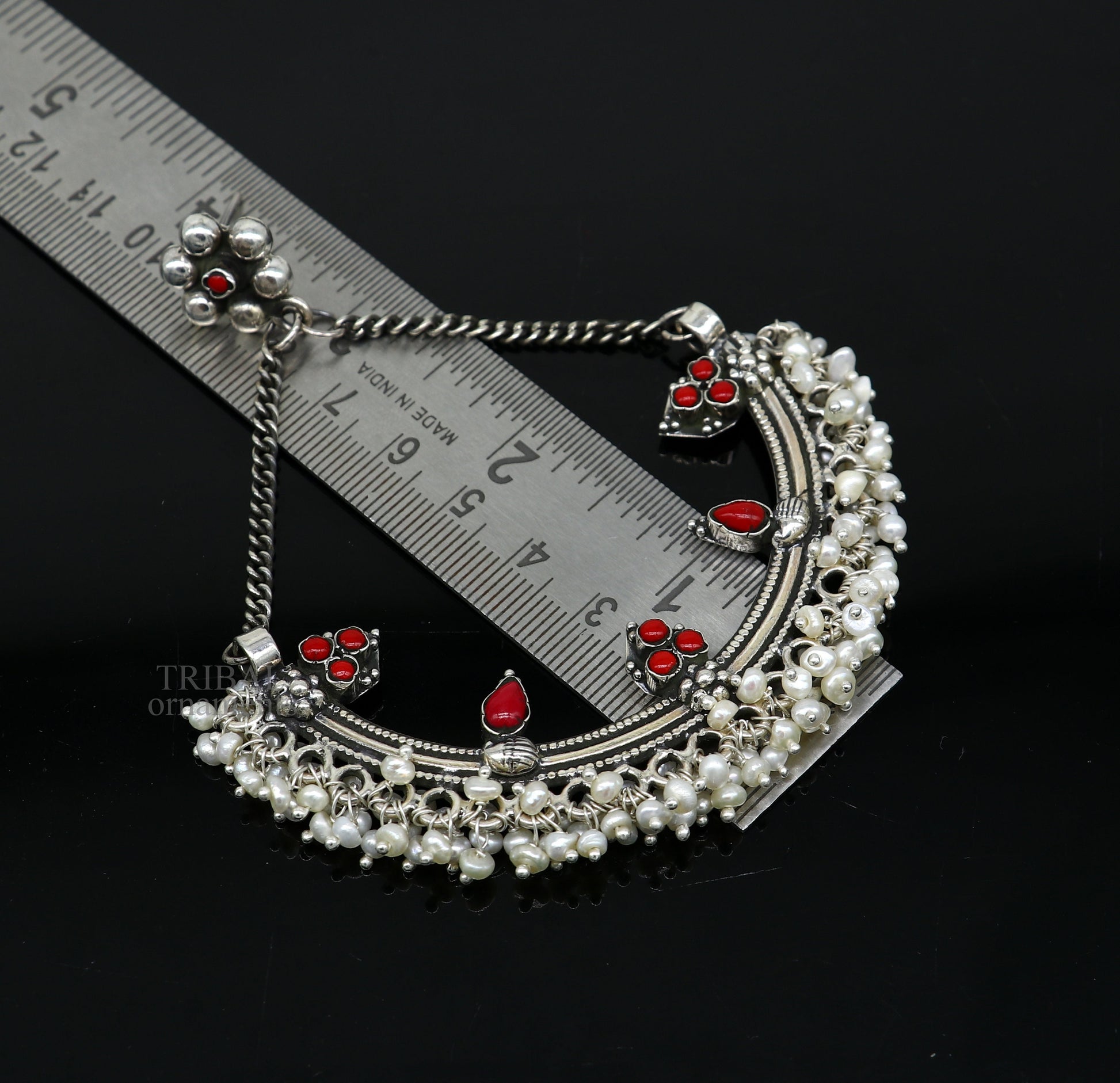 Sterling silver handmade chandbala stud earring with tiny pearl and dangling design, perfect for bridesmaids and special occasions.