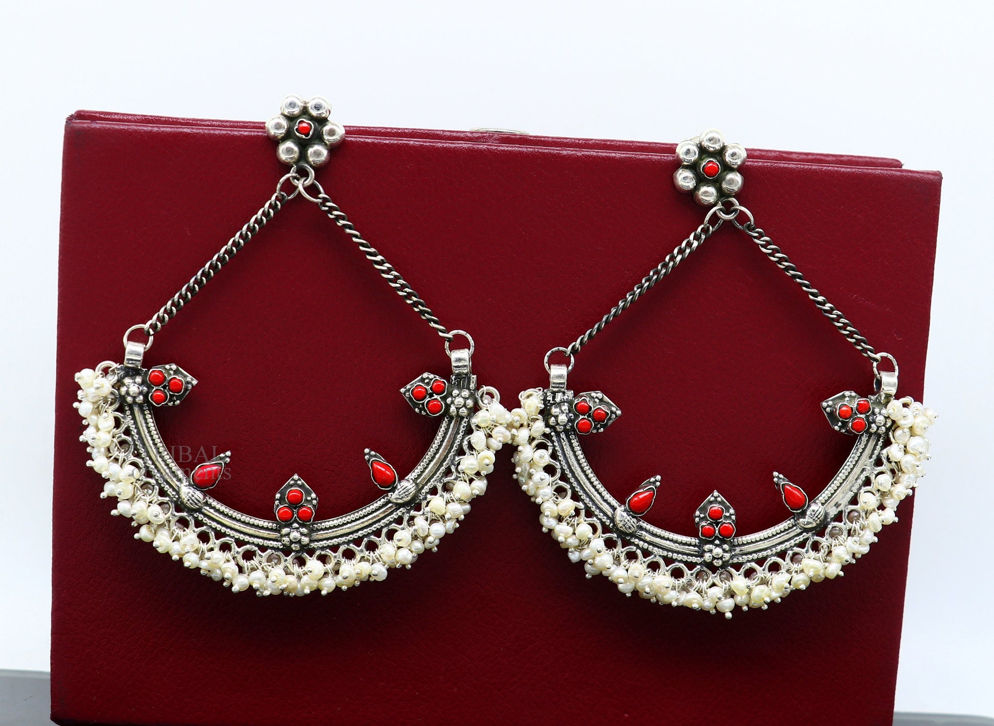 Sterling silver handmade chandbala stud earring with tiny pearl and dangling design, perfect for bridesmaids and special occasions.