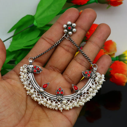 Sterling silver handmade stud chandbala earring with tiny pearl and dangling design, ideal for bridesmaids, by TRIBAL ORNAMENTS.