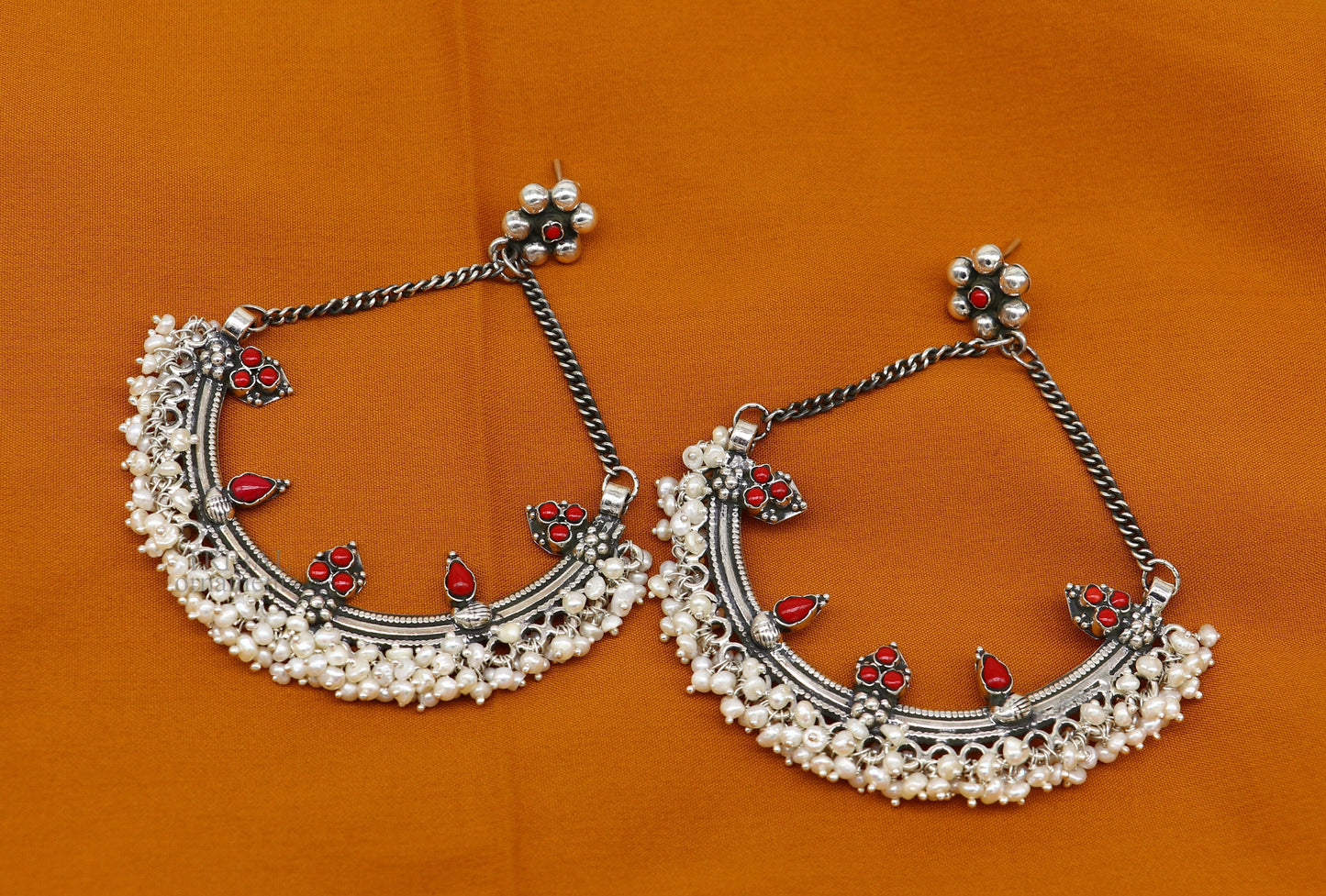Sterling silver handmade chandbala stud earring with tiny pearl and dangling details, ideal for bridesmaids or special occasions.
