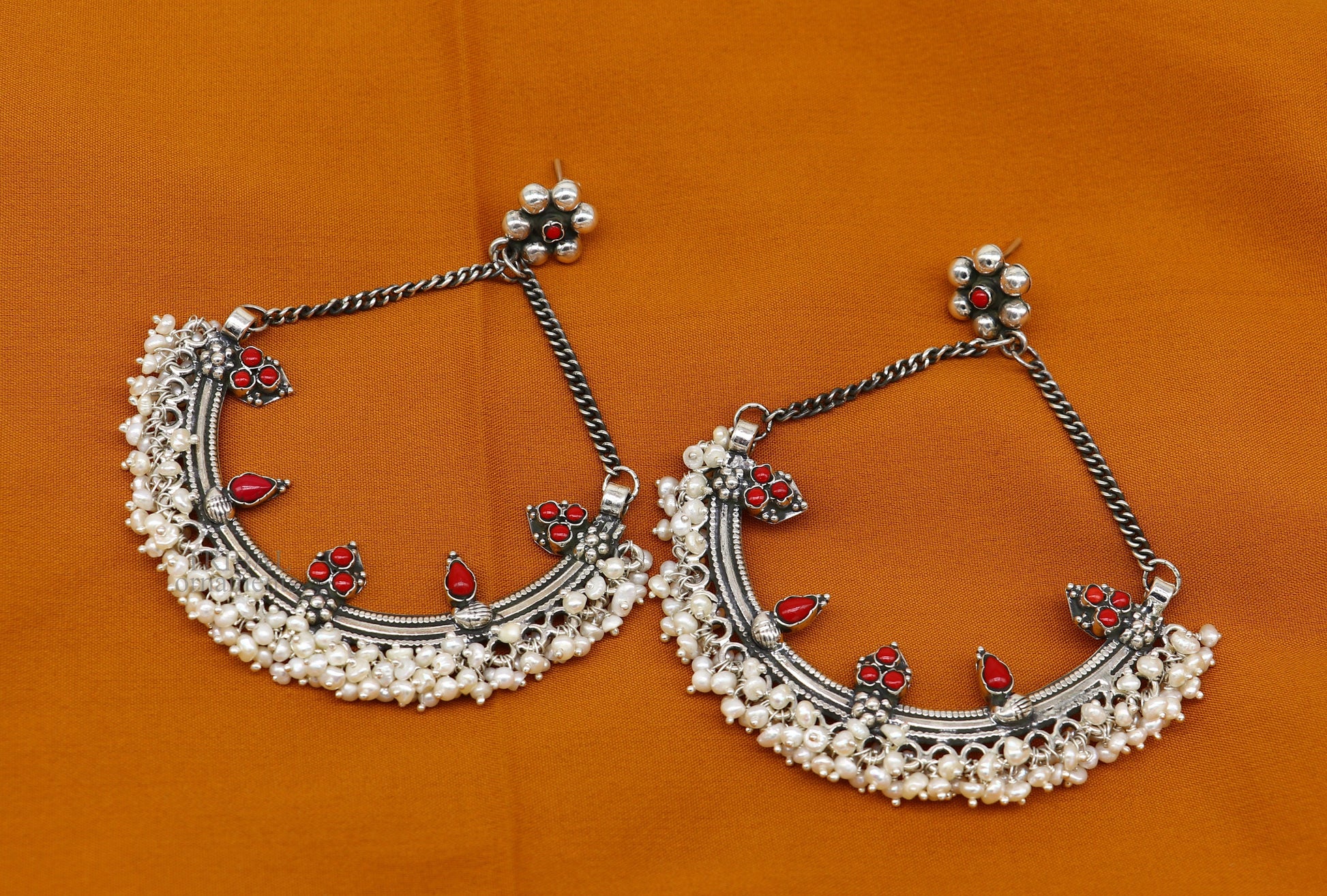 Sterling silver handmade chandbala stud earring with tiny pearl and dangling details, ideal for bridesmaids or special occasions.
