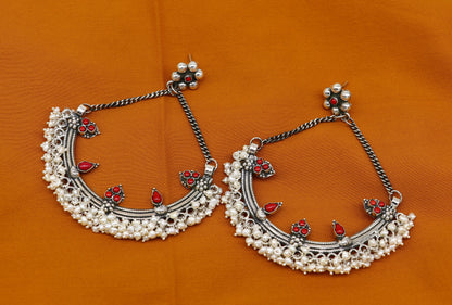 Sterling silver handmade chandbala stud earring with tiny pearl and dangling details, ideal for bridesmaids or special occasions.