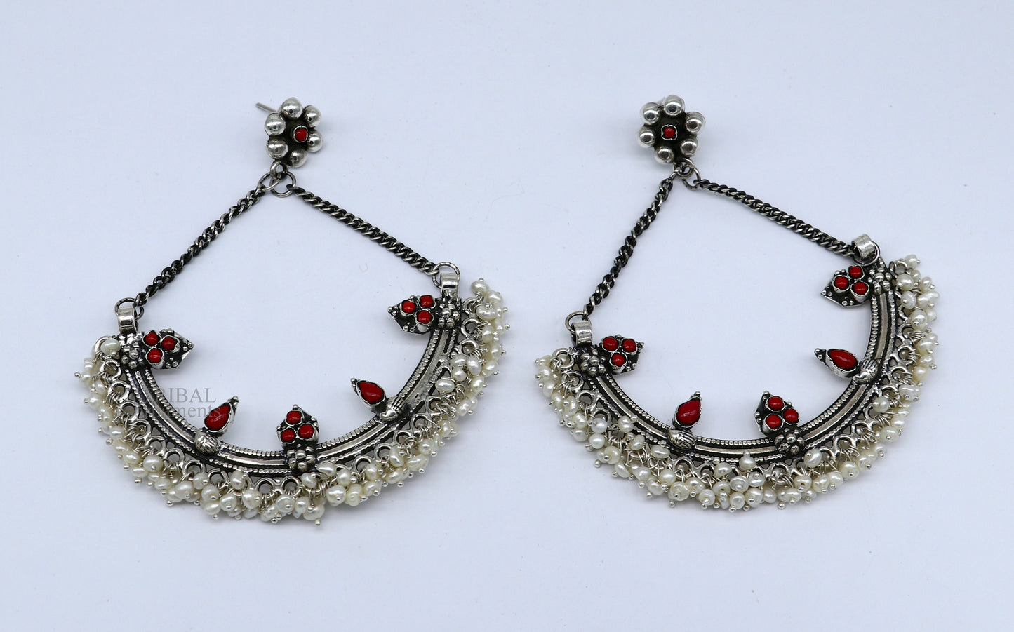 Sterling silver handmade chandbala stud earring with tiny pearl and dangling details, suitable for bridesmaids and special occasions.