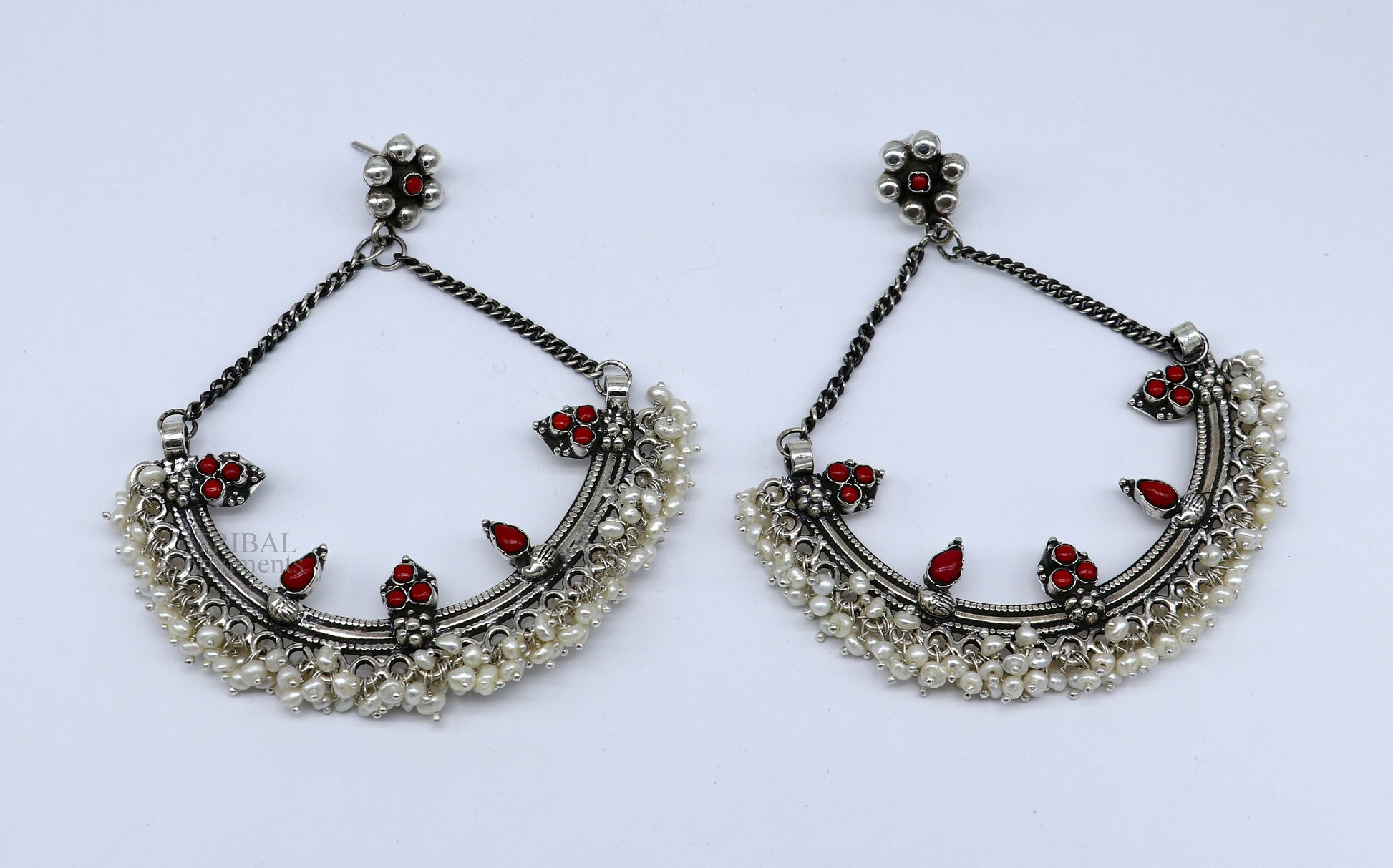 Sterling silver handmade chandbala stud earring with tiny pearl and dangling details, suitable for bridesmaids and special occasions.
