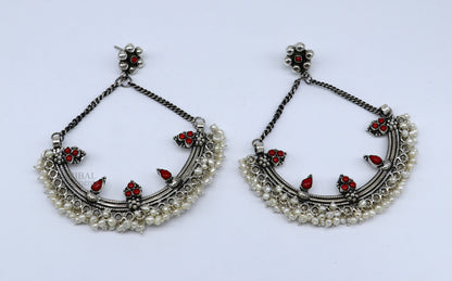 Sterling silver handmade chandbala stud earring with tiny pearl and dangling details, suitable for bridesmaids and special occasions.