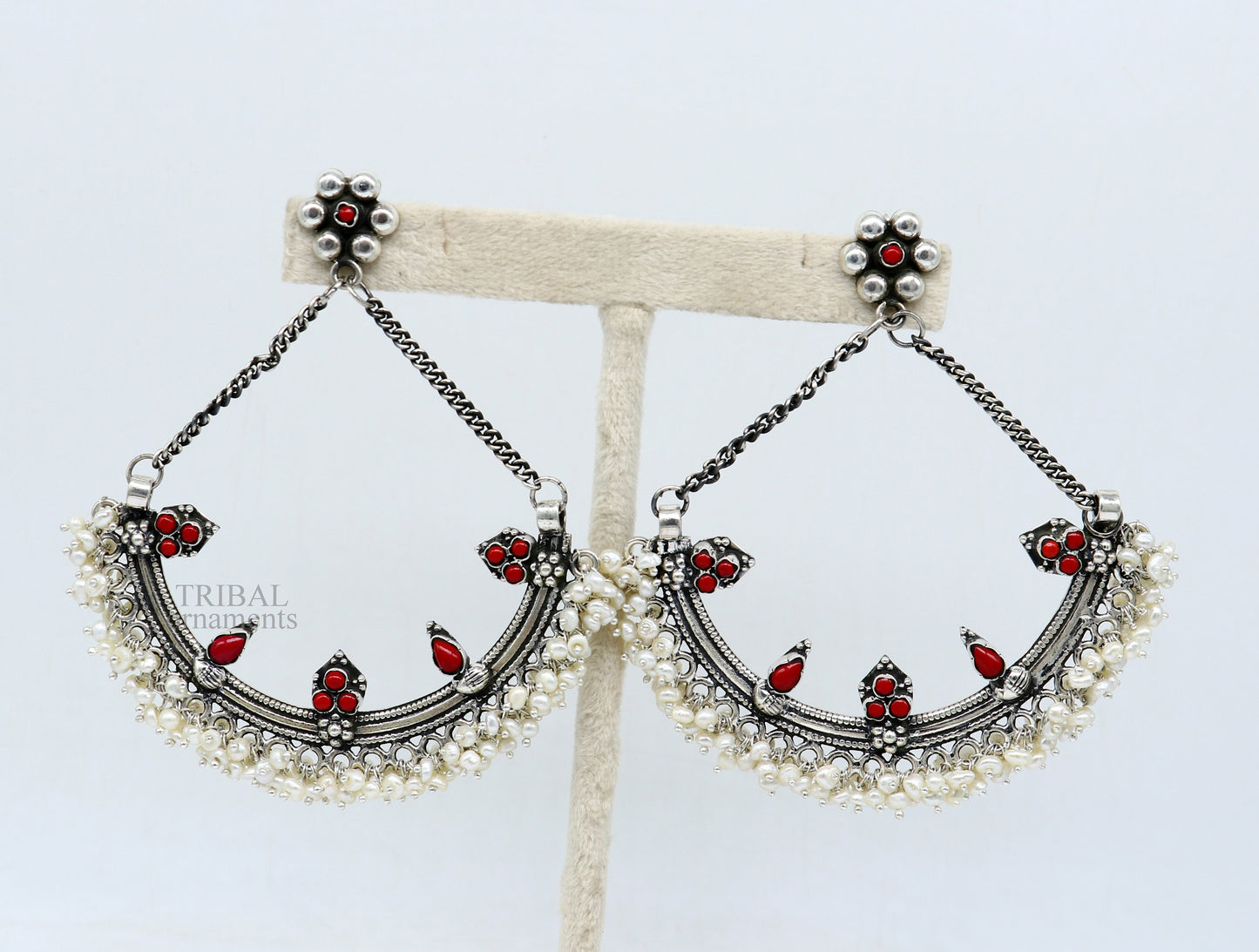 Sterling silver handmade chandbala stud earring with tiny pearl and dangling design, ideal for bridesmaids or traditional jewelry.