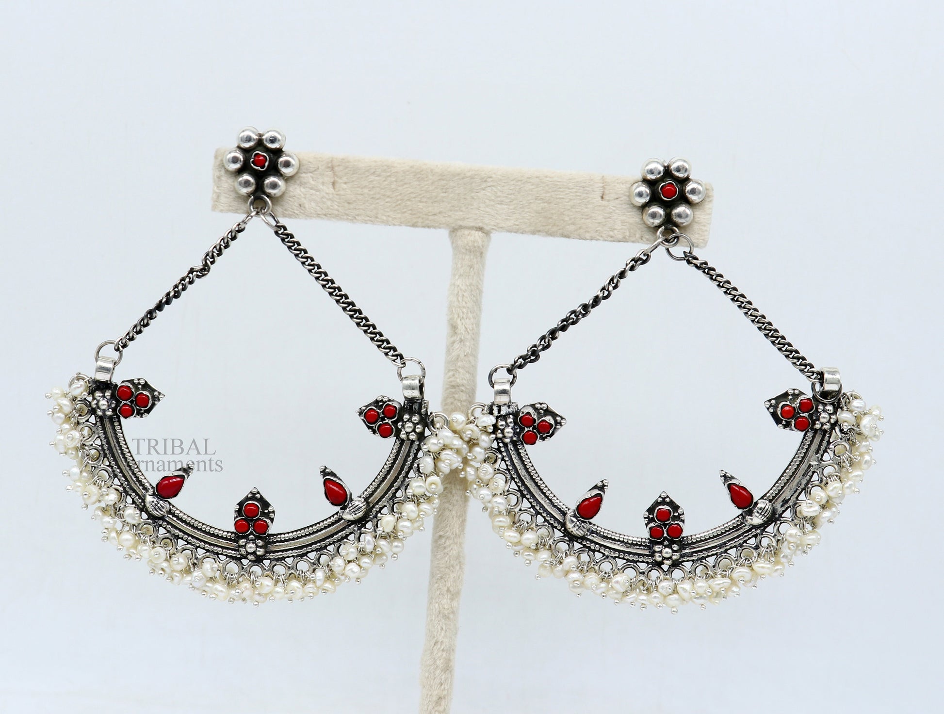 Sterling silver handmade chandbala stud earring with tiny pearl and dangling design, ideal for bridesmaids or traditional jewelry.