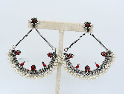 Sterling silver handmade chandbala stud earring with tiny pearl and dangling design, ideal for bridesmaids or traditional jewelry.