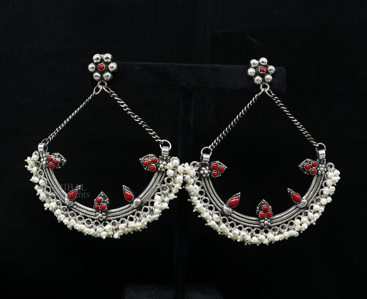 Sterling silver handmade chandbala stud earring with tiny pearl and dangling design, perfect for bridesmaids and special occasions.