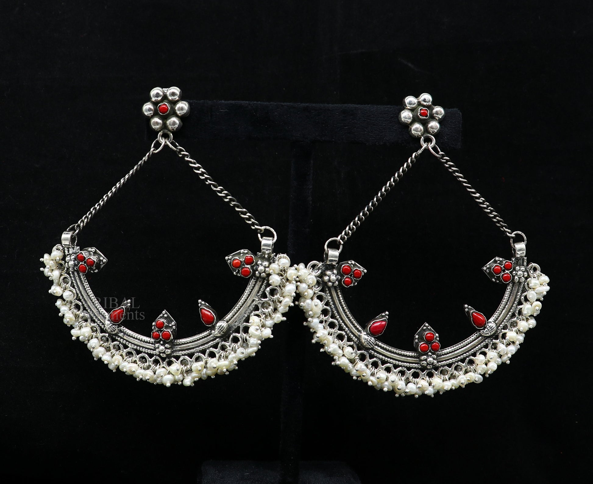 Sterling silver handmade chandbala stud earring with tiny pearl and dangling design, perfect for bridesmaids and special occasions.