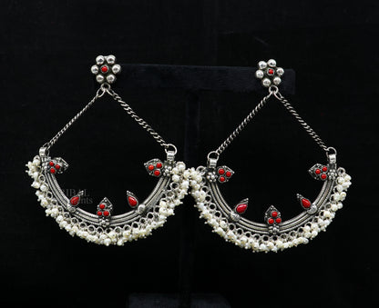 Sterling silver handmade chandbala stud earring with tiny pearl and dangling design, perfect for bridesmaids and special occasions.