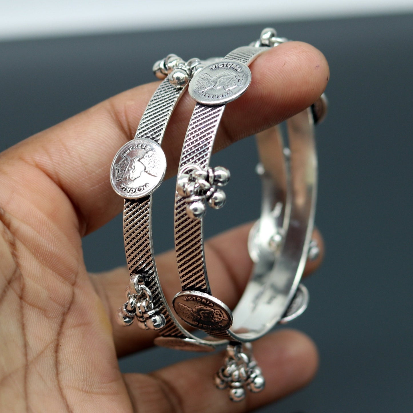 925 sterling silver handmade stunning Victoria empress coin design Bangles bracelet kada, best brides tribal belly jewelry nba155 - TRIBAL ORNAMENTS