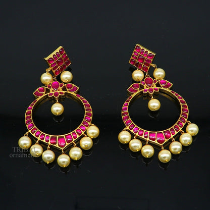 925 sterling silver handmade stylish Chandbali earring with gold plating and hanging pearl, elegant jewelry by TRIBAL ORNAMENTS.