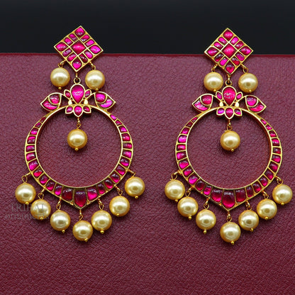 Sterling silver handmade chandbali earring with gold plating and hanging pearl, stylish jewelry by TRIBAL ORNAMENTS.
