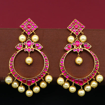 Sterling silver handmade chandbali earring with gold plating, hanging pearl, stylish design, perfect for gifting.