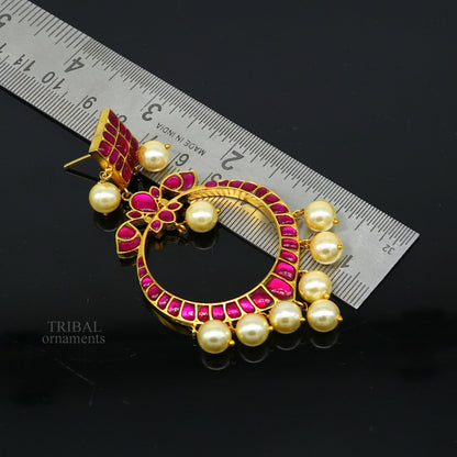 Sterling silver handmade chandbali earring with gold plating, hanging pearl, stylish design, ideal for gifting jewelry.