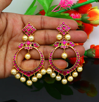 925 silver handmade chandbali earring with gold plating, featuring a hanging pearl and intricate design, stylish tribal jewelry.