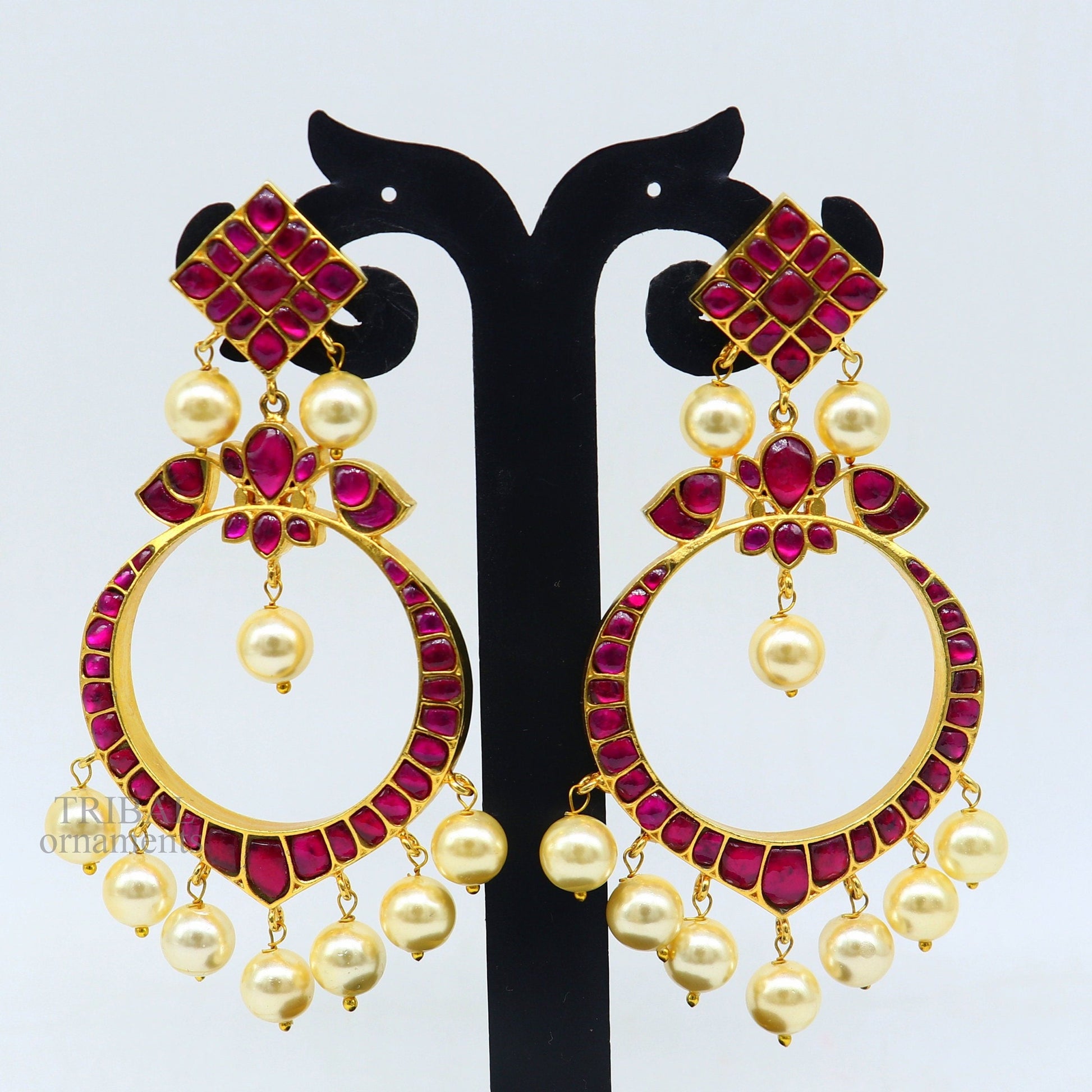 925 sterling silver handmade stylish chandbali earring gold guild/plated stud earrings, gorgeous handing pearl, best gifting jewelry s1013 - TRIBAL ORNAMENTS