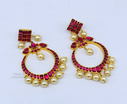 Stylish handmade 925 sterling silver chandbali earrings with gold plating, hanging pearl, perfect for gifting.