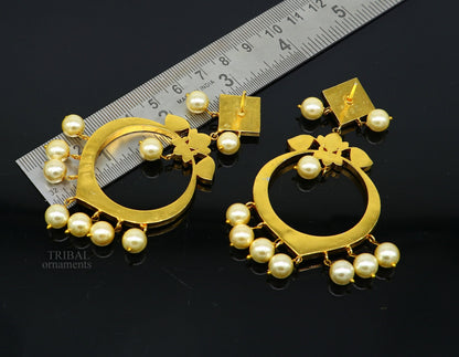 Sterling silver handmade chandbali earring with gold plating and hanging pearl, stylish tribal jewelry by TRIBAL ORNAMENTS.