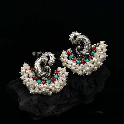 925 sterling silver handmade Stylish peacock design coral and turquoise stone stud earring fabulous hanging pearls guttapusalu jewelry s1202 - TRIBAL ORNAMENTS