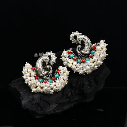 925 sterling silver handmade Stylish peacock design coral and turquoise stone stud earring fabulous hanging pearls guttapusalu jewelry s1202 - TRIBAL ORNAMENTS