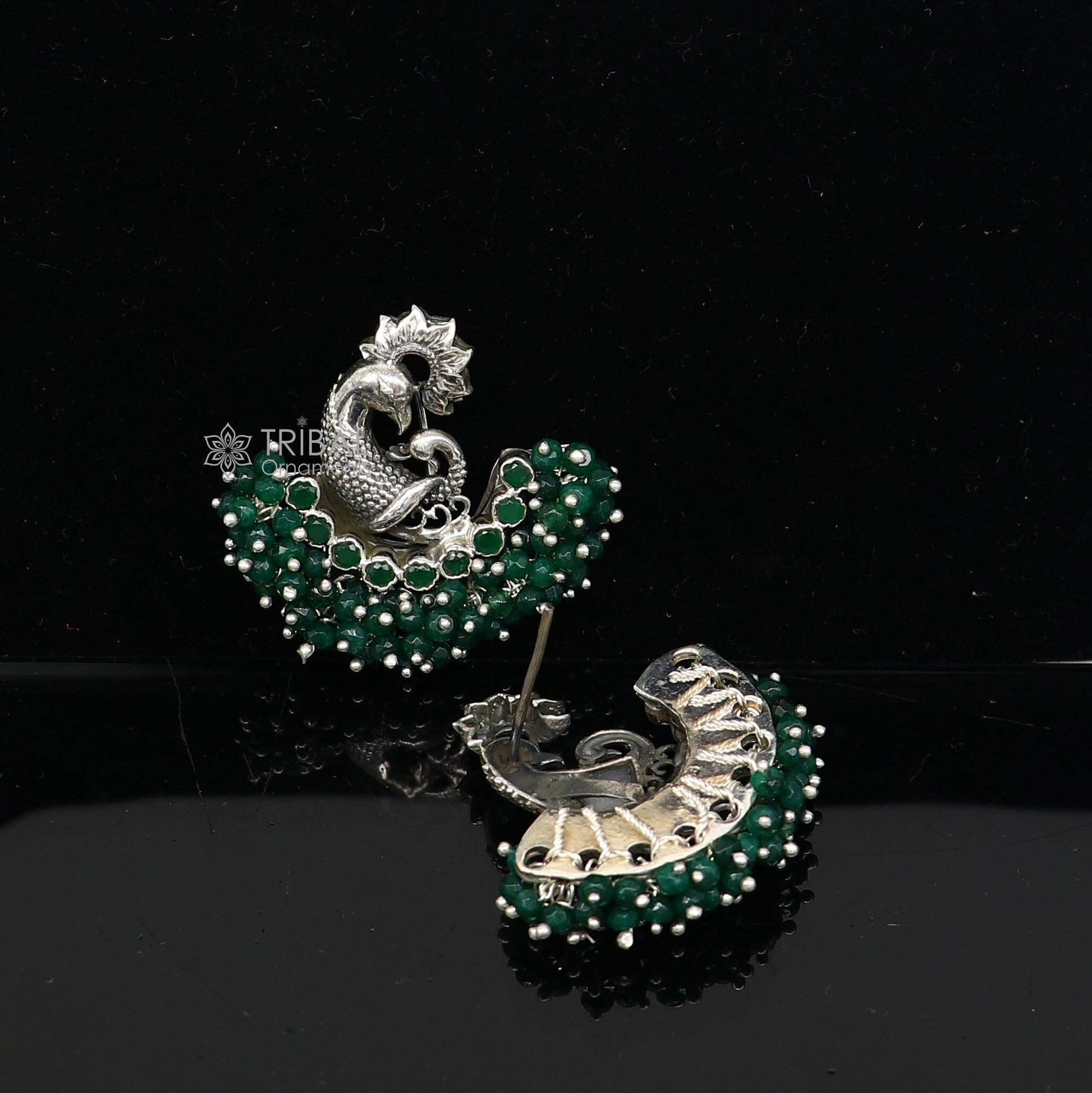 925 sterling silver handmade Stylish peacock design green stone stud earring fabulous hanging pearls guttapusalu jewelry s1203 - TRIBAL ORNAMENTS
