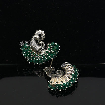 925 sterling silver handmade Stylish peacock design green stone stud earring fabulous hanging pearls guttapusalu jewelry s1203 - TRIBAL ORNAMENTS