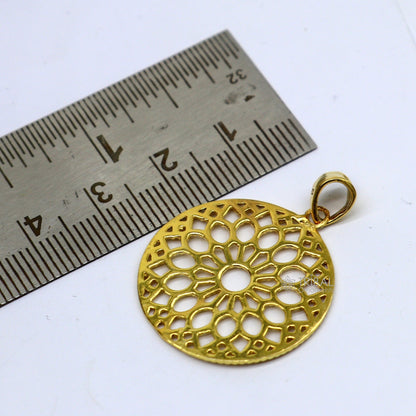 Sterling silver floral pendant with gold polish, handmade and stylish jewelry from TRIBAL ORNAMENTS, perfect for gifting.
