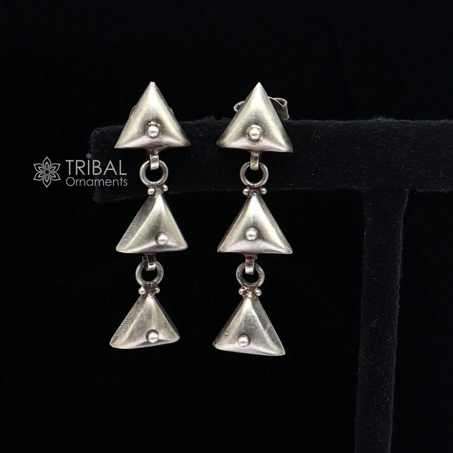 925 Sterling silver handmade traditional cultural design 3 steps drop dangler fancy earrings, best party functional Navratri jewelry s1251 - TRIBAL ORNAMENTS