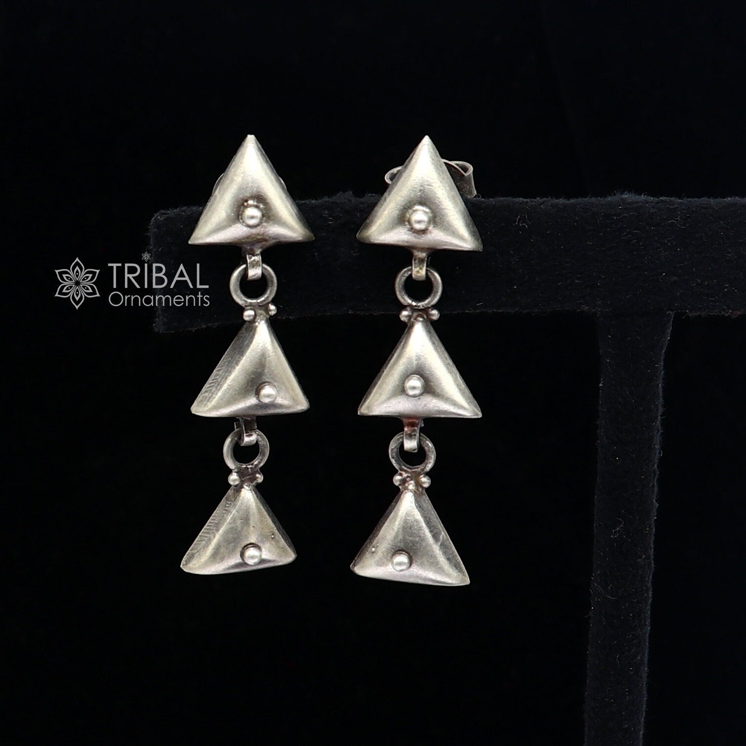 925 Sterling silver handmade traditional cultural design 3 steps drop dangler fancy earrings, best party functional Navratri jewelry s1251 - TRIBAL ORNAMENTS
