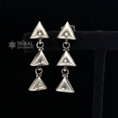 925 Sterling silver handmade traditional cultural design 3 steps drop dangler fancy earrings, best party functional Navratri jewelry s1251 - TRIBAL ORNAMENTS