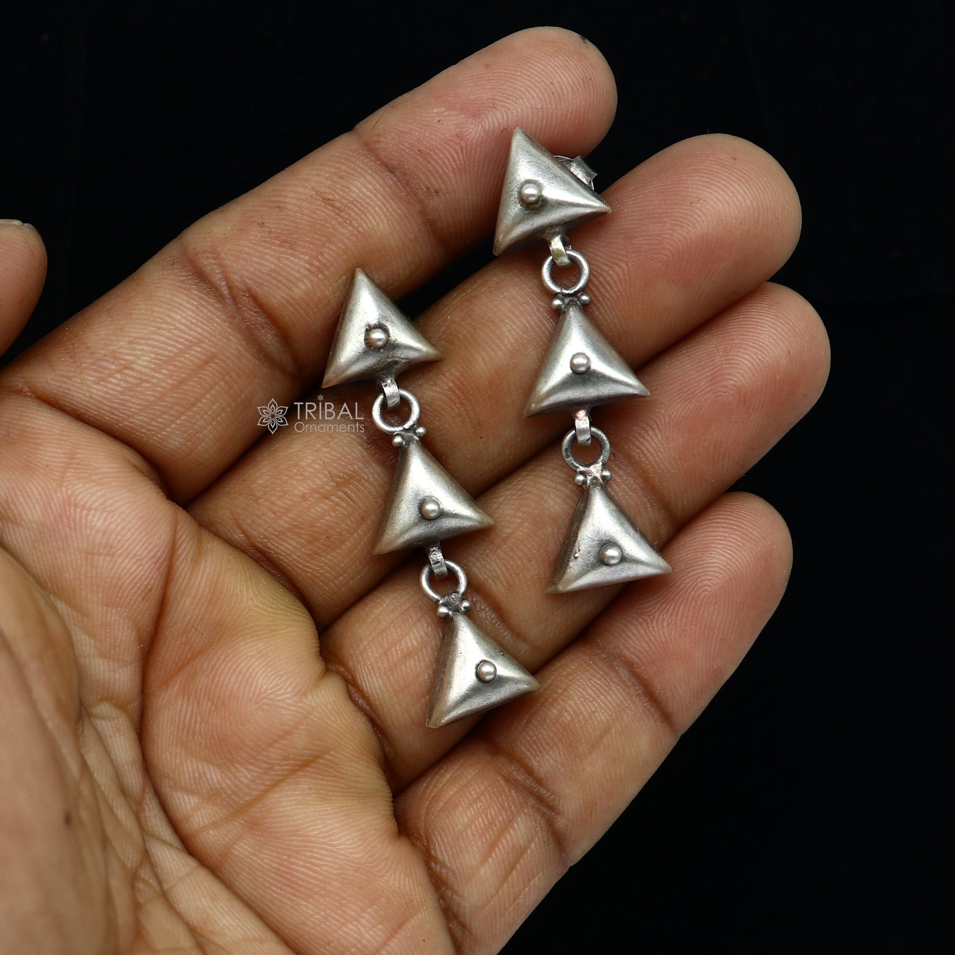 925 Sterling silver handmade traditional cultural design 3 steps drop dangler fancy earrings, best party functional Navratri jewelry s1251 - TRIBAL ORNAMENTS