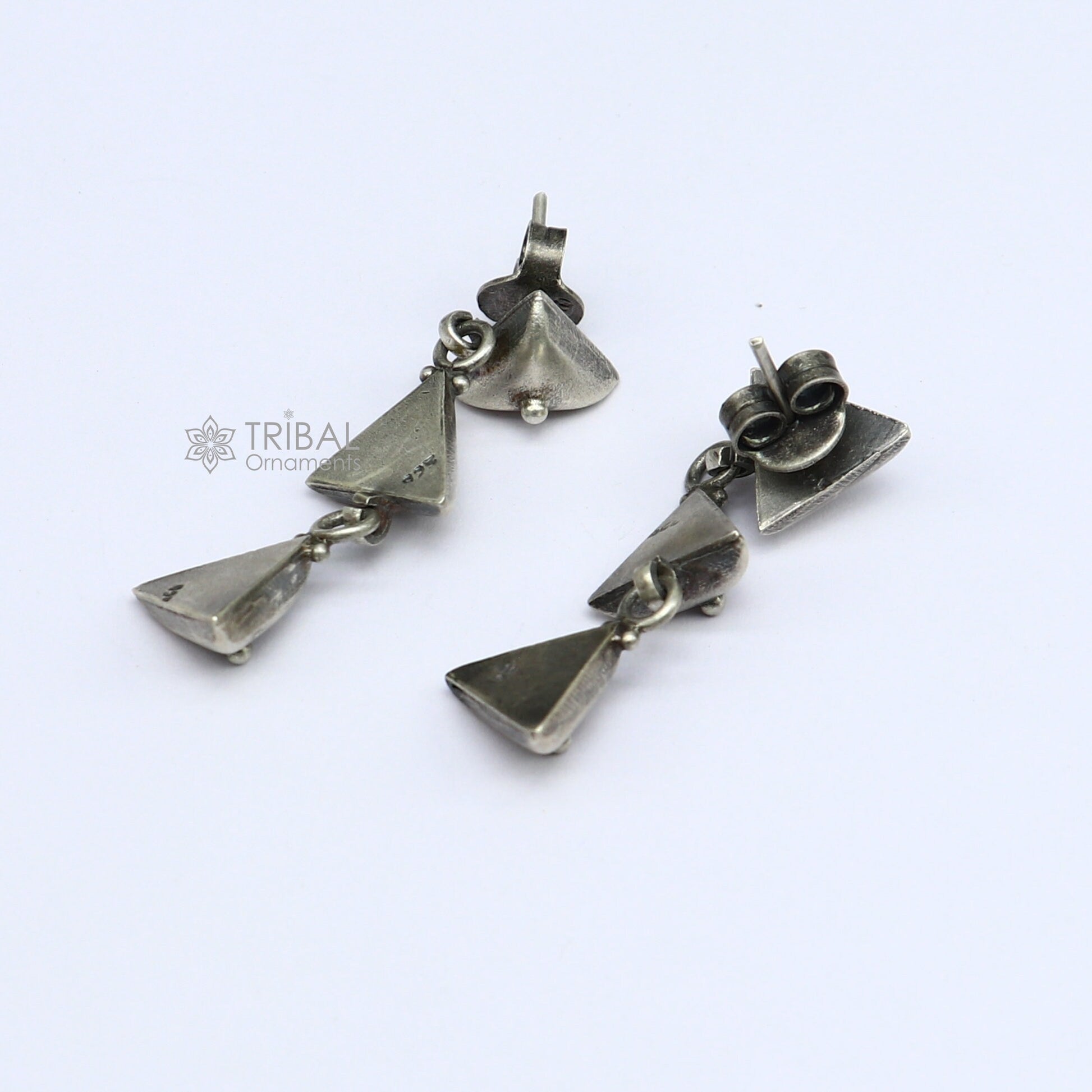 925 Sterling silver handmade traditional cultural design 3 steps drop dangler fancy earrings, best party functional Navratri jewelry s1251 - TRIBAL ORNAMENTS