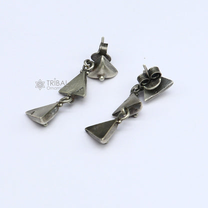 925 Sterling silver handmade traditional cultural design 3 steps drop dangler fancy earrings, best party functional Navratri jewelry s1251 - TRIBAL ORNAMENTS