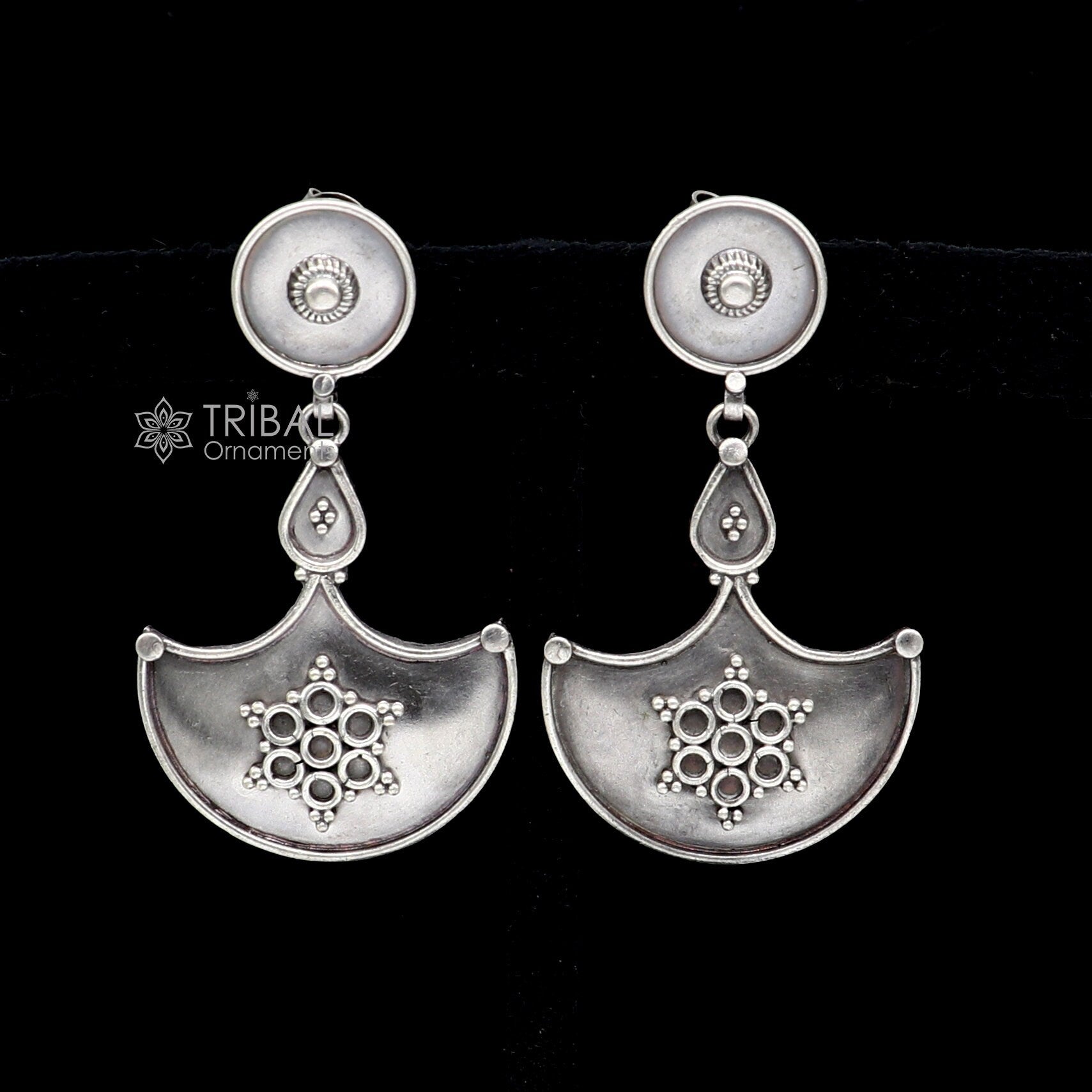 925 Sterling silver handmade traditional cultural design drop dangler fancy earrings, best party functional Navratri jewelry s1238 - TRIBAL ORNAMENTS
